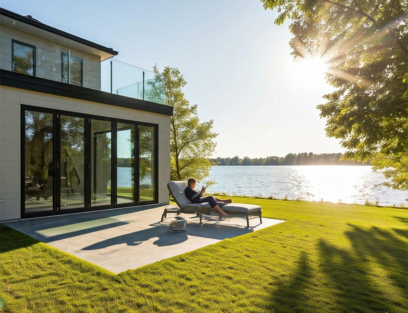LD-G88 Series thermal-break aluminum bi-folding door on lakeside home exterior with person relaxing on patio