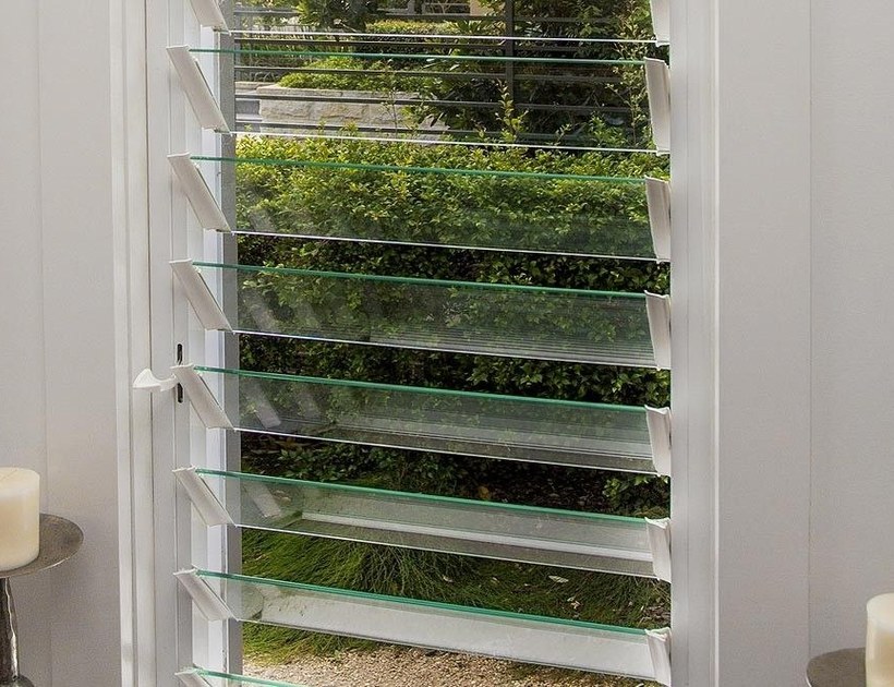 PRM-100 Series aluminum louver window open showing glass blades