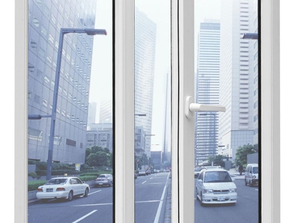 PRM-108 Series aluminum casement window open with city reflection