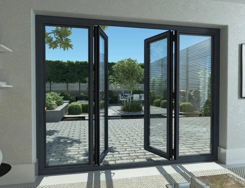 PRM-81 Series aluminum casement door opening to paved garden courtyard