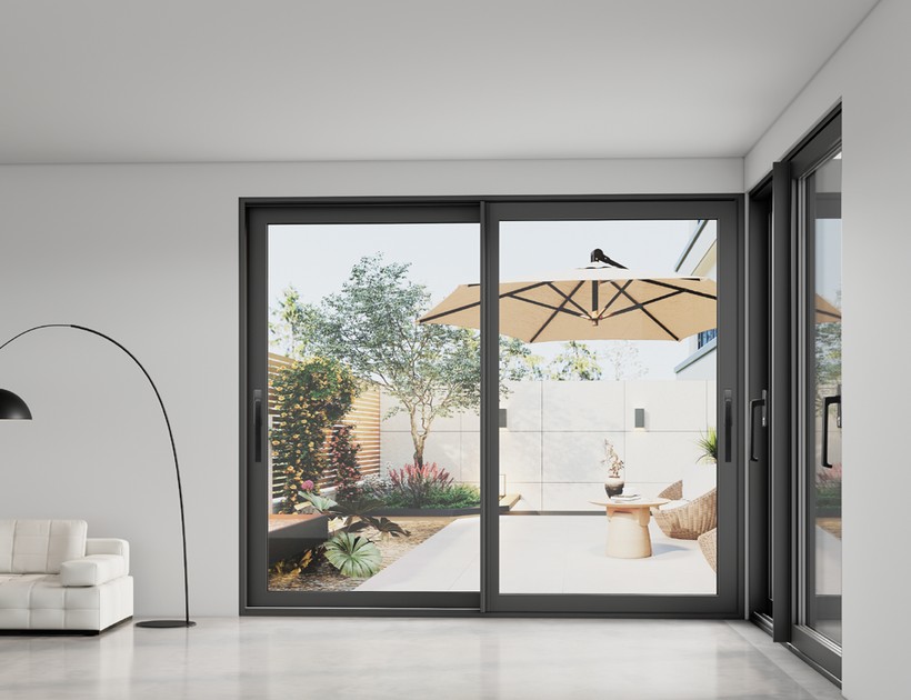 WJ-170 Series aluminum sliding glass door opening to garden patio