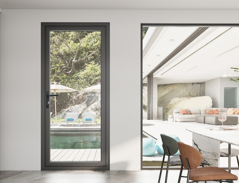WJ-91 Series aluminum casement door with pool and garden view