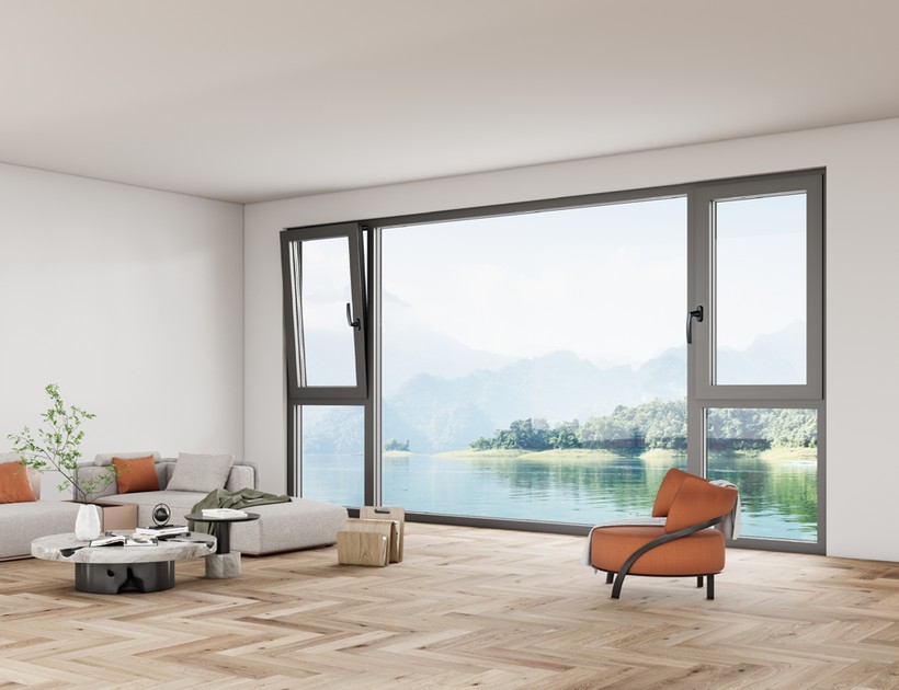 WJ-91 Series aluminum tilt-turn window open in modern living room with lake view