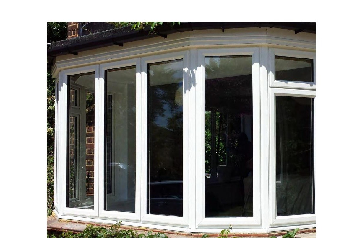 uPVC casement bay window installation, white multi-panel exterior