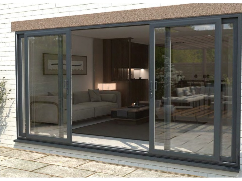 PRM-66 Series uPVC sliding door in dark gray on white brick exterior