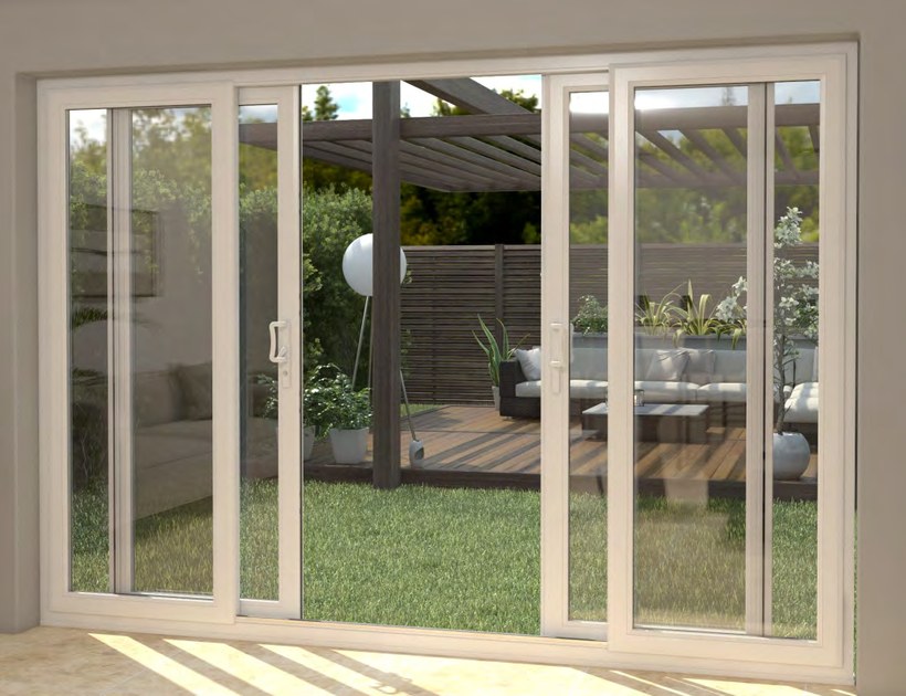 PRM-88 Series uPVC sliding door open to garden patio with pergola