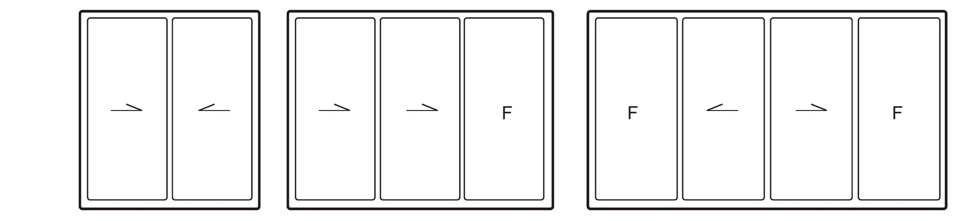 Sliding door opening configurations: 2-panel sliding, 3-panel with fixed, 4-panel with fixed sections