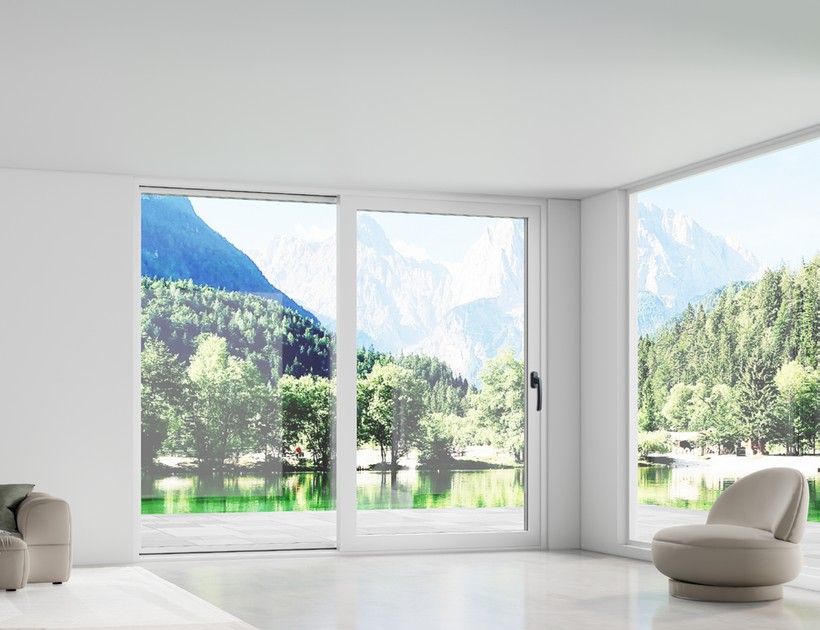 WJ-195 Series uPVC sliding glass door with mountain and lake view