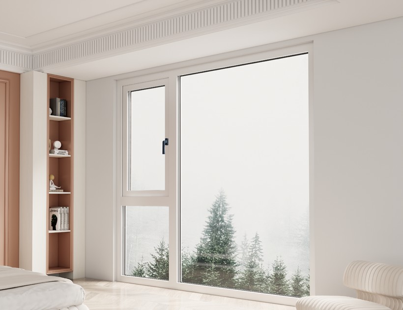 WJ-72 Series uPVC casement window in modern bedroom with forest view